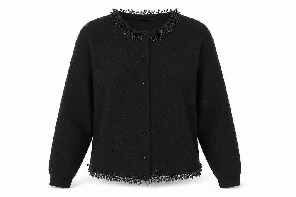 Opera by Richards Women Black L Beaded Angora Wool Cardigan
