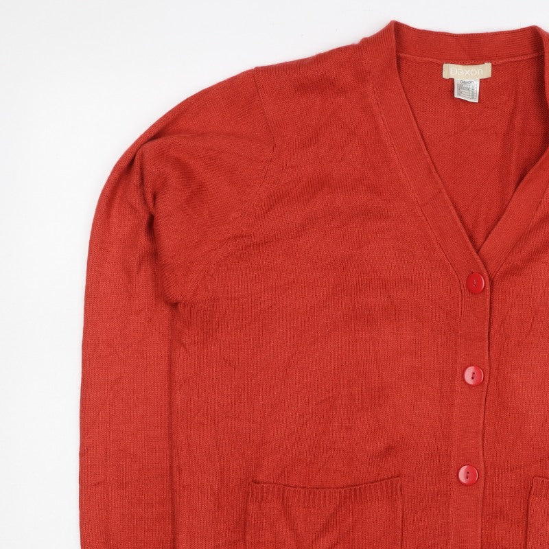Daxon Women Red UK 22 V-Neck Button Front Knit Cardigan with Pockets