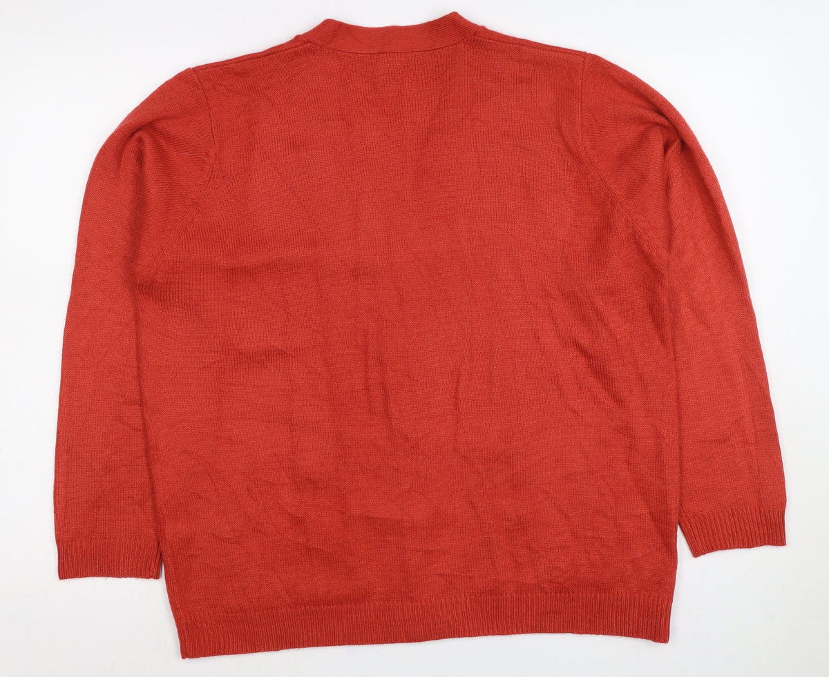 Daxon Women Red UK 22 V-Neck Button Front Knit Cardigan with Pockets