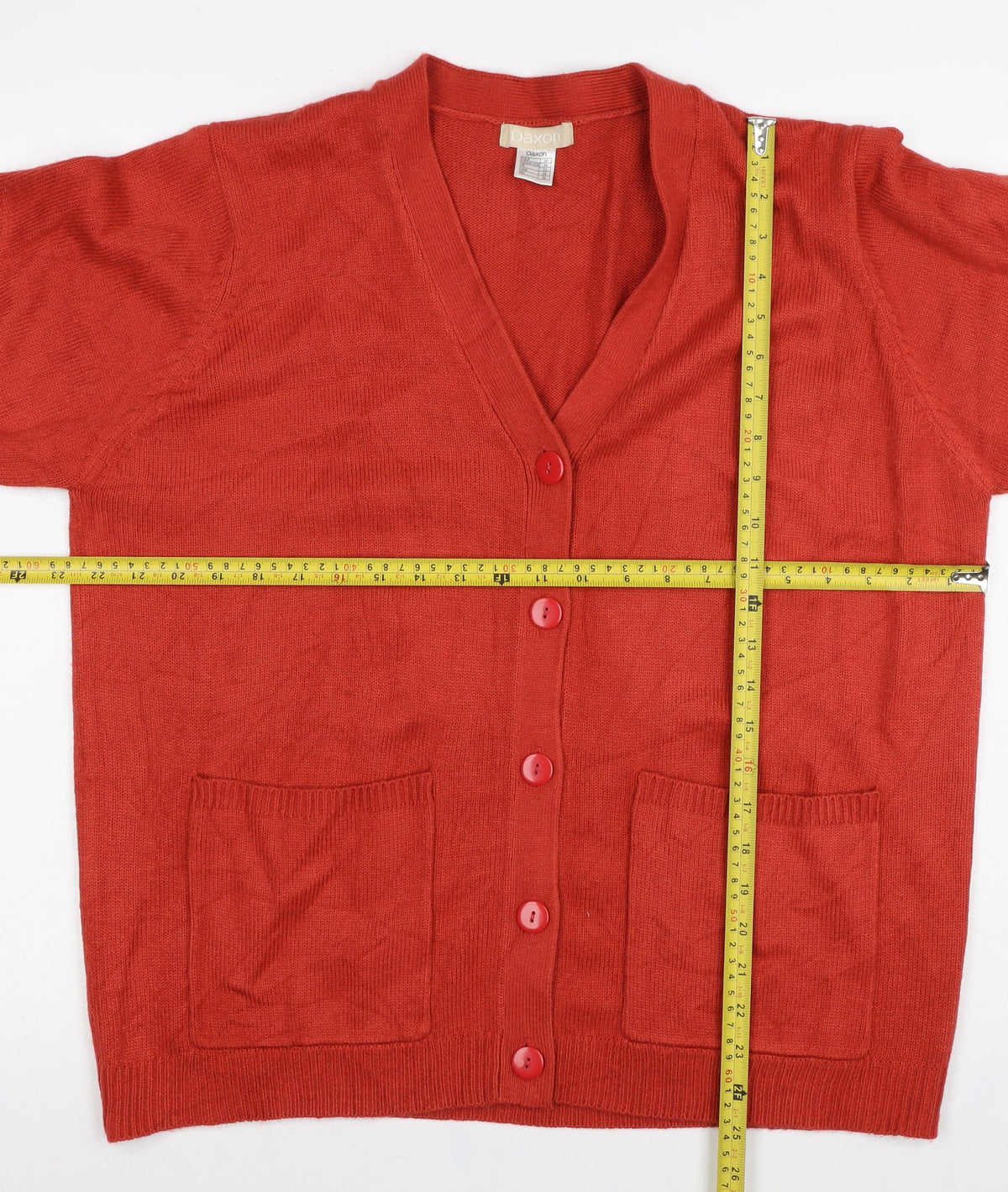 Daxon Women Red UK 22 V-Neck Button Front Knit Cardigan with Pockets