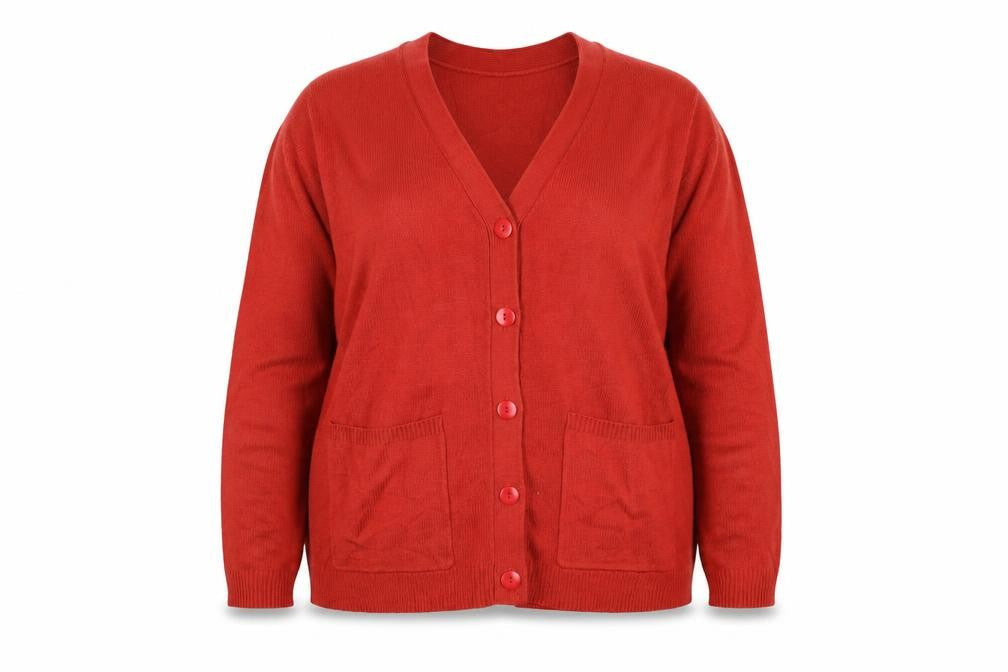 Daxon Women Red UK 22 V-Neck Button Front Knit Cardigan with Pockets
