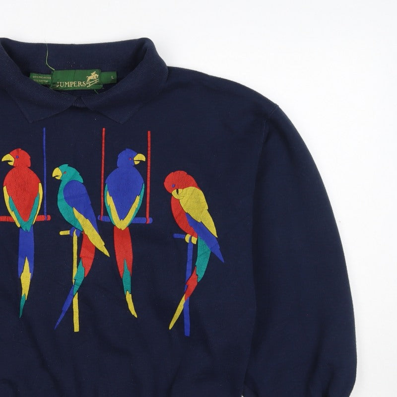 Jumpers Women Blue L Vintage Parrot Embroidered Collared Sweatshirt