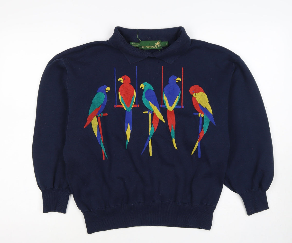 Jumpers Women Blue L Vintage Parrot Embroidered Collared Sweatshirt