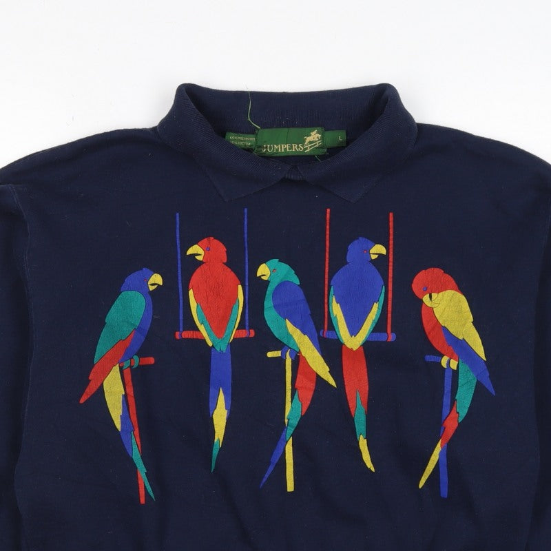 Jumpers Women Blue L Vintage Parrot Embroidered Collared Sweatshirt