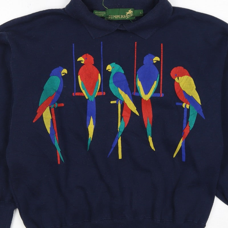 Jumpers Women Blue L Vintage Parrot Embroidered Collared Sweatshirt