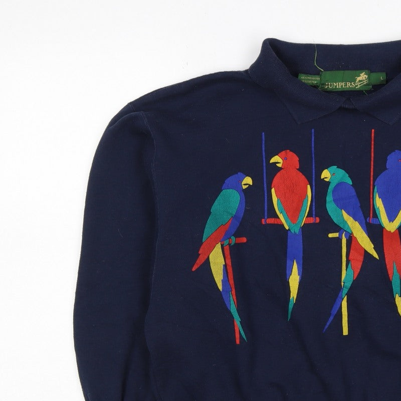 Jumpers Women Blue L Vintage Parrot Embroidered Collared Sweatshirt