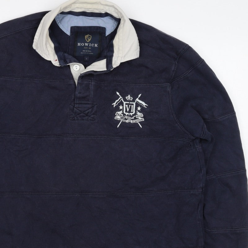 Howick Men Navy L Henley Collared Cotton Pullover Sweatshirt Logo