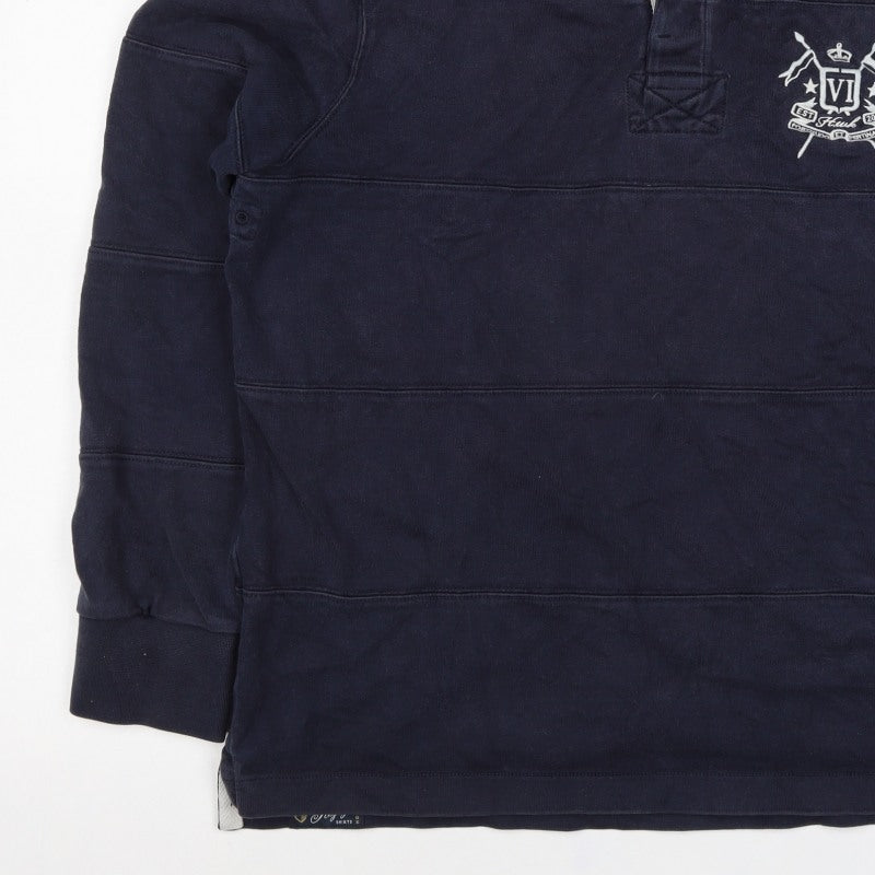 Howick Men Navy L Henley Collared Cotton Pullover Sweatshirt Logo