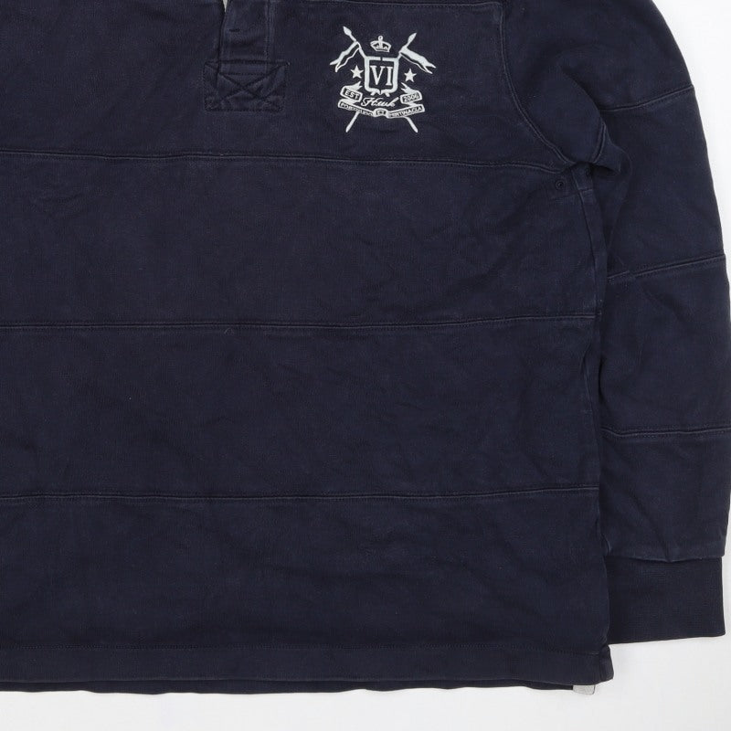 Howick Men Navy L Henley Collared Cotton Pullover Sweatshirt Logo