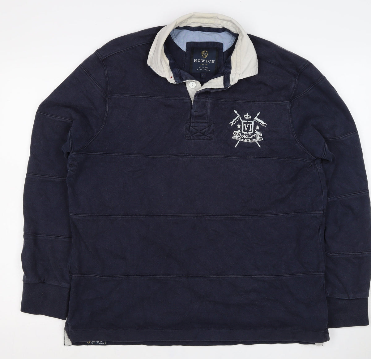 Howick Men Navy L Henley Collared Cotton Pullover Sweatshirt Logo
