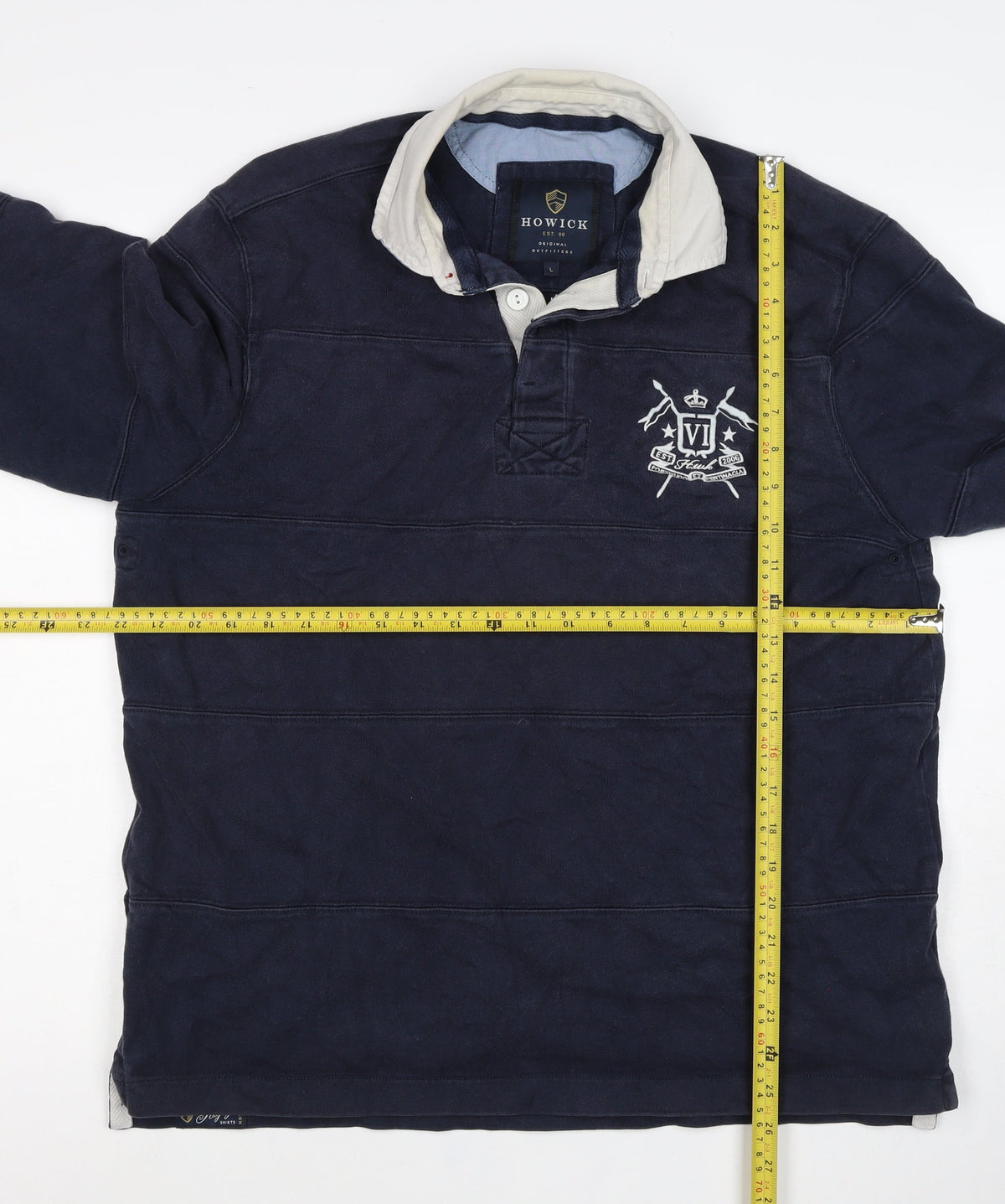 Howick Men Navy L Henley Collared Cotton Pullover Sweatshirt Logo