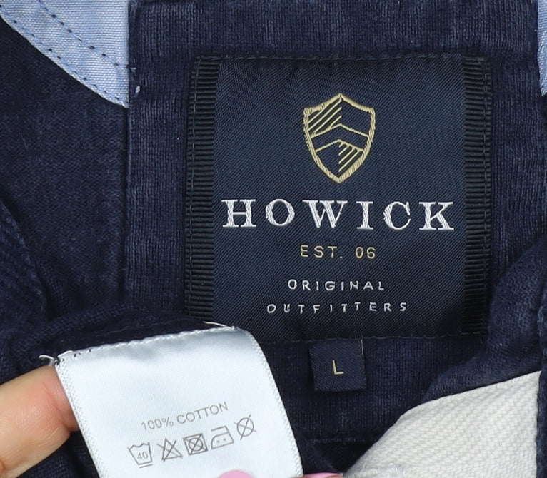Howick Men Navy L Henley Collared Cotton Pullover Sweatshirt Logo
