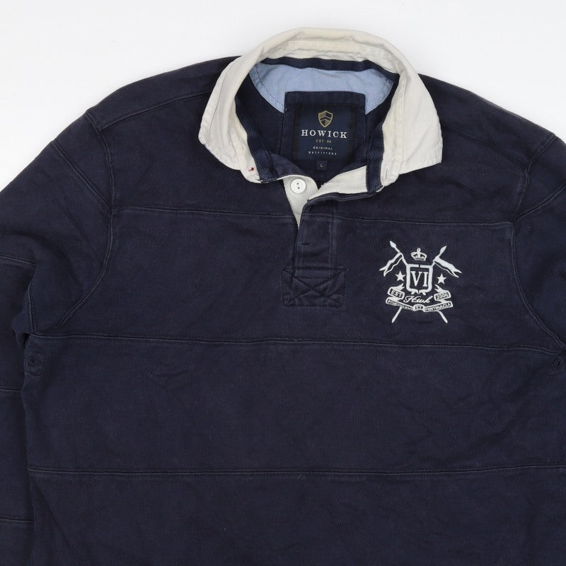 Howick Men Navy L Henley Collared Cotton Pullover Sweatshirt Logo