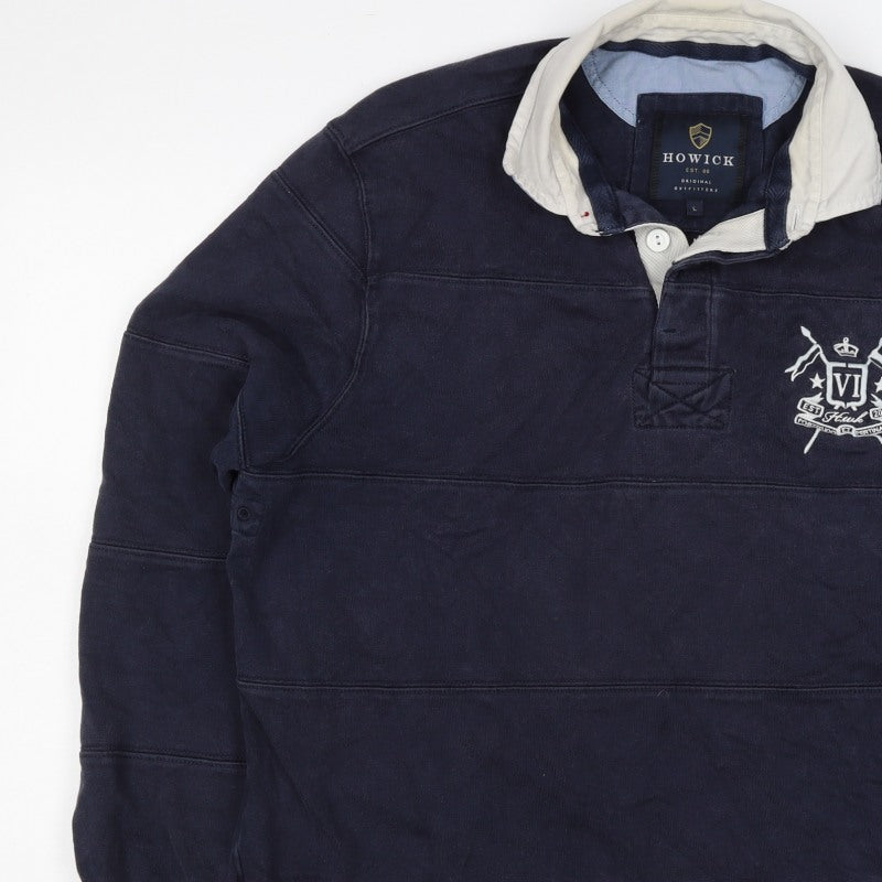 Howick Men Navy L Henley Collared Cotton Pullover Sweatshirt Logo