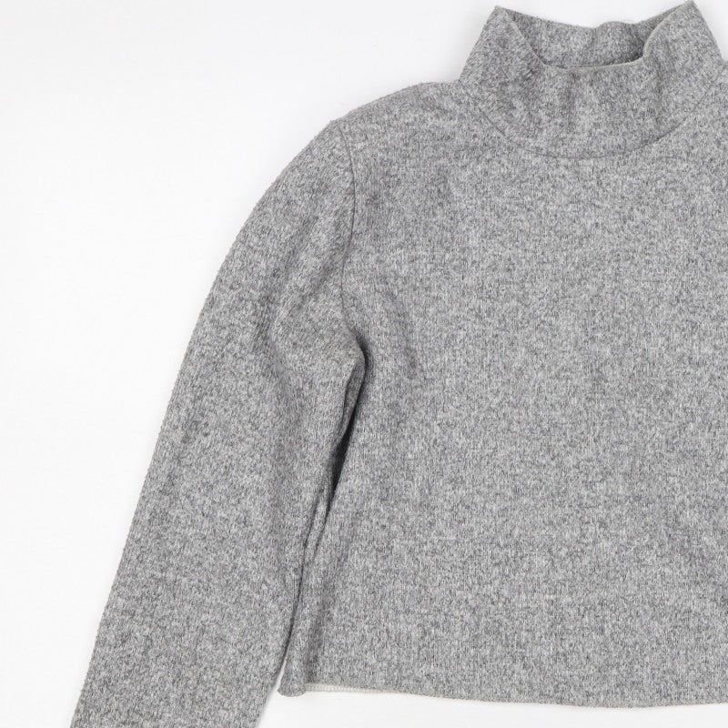 Zara Women Grey S High Neck Cropped Knit Long Sleeve Top