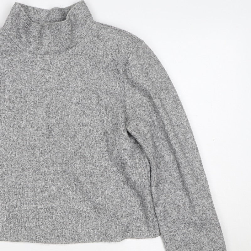 Zara Women Grey S High Neck Cropped Knit Long Sleeve Top