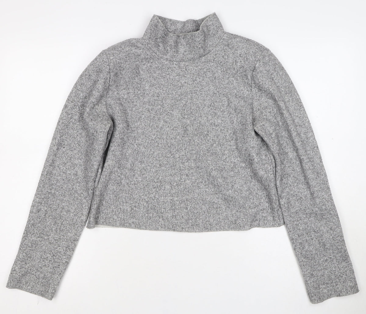 Zara Women Grey S High Neck Cropped Knit Long Sleeve Top