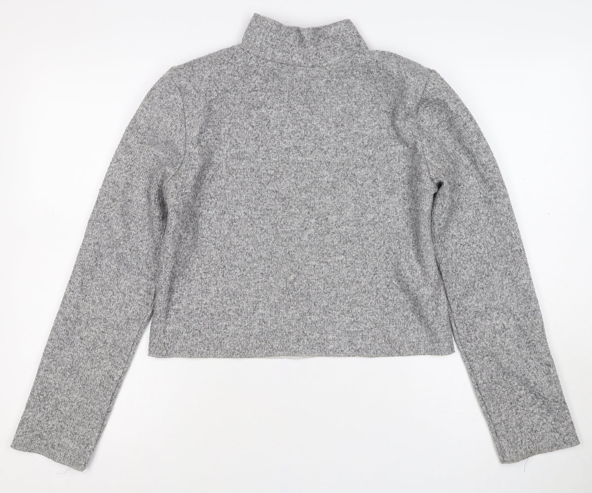 Zara Women Grey S High Neck Cropped Knit Long Sleeve Top