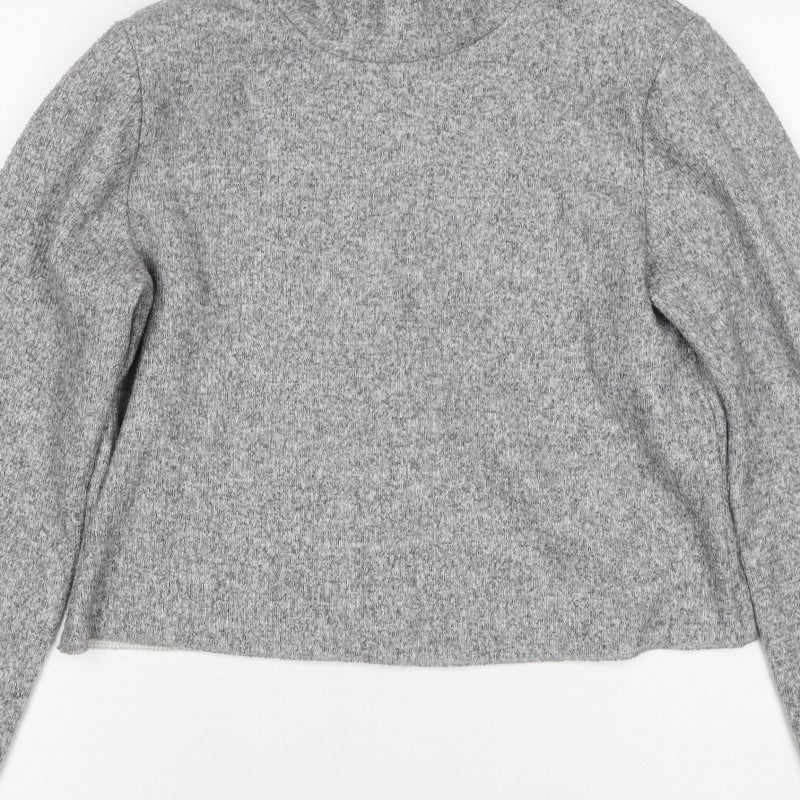 Zara Women Grey S High Neck Cropped Knit Long Sleeve Top