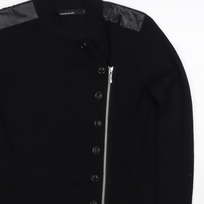 Karen Millen Women's Black UK 10 Wool Biker Knit Jacket Zip Buttons
