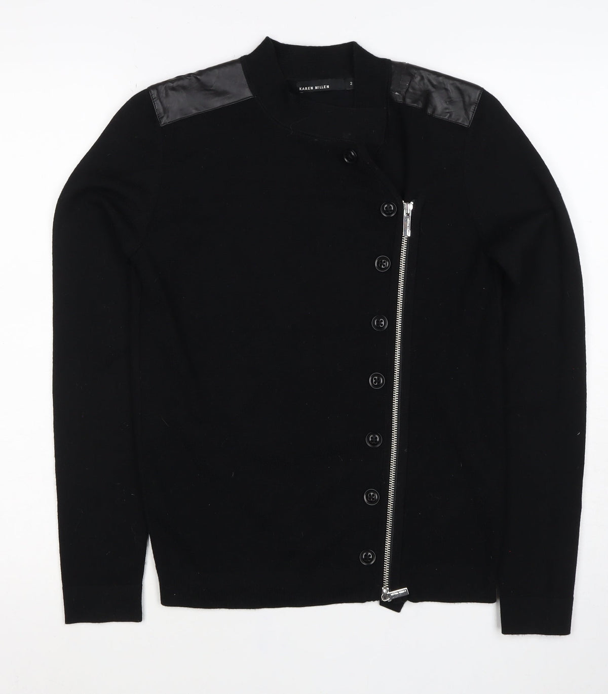 Karen Millen Women's Black UK 10 Wool Biker Knit Jacket Zip Buttons