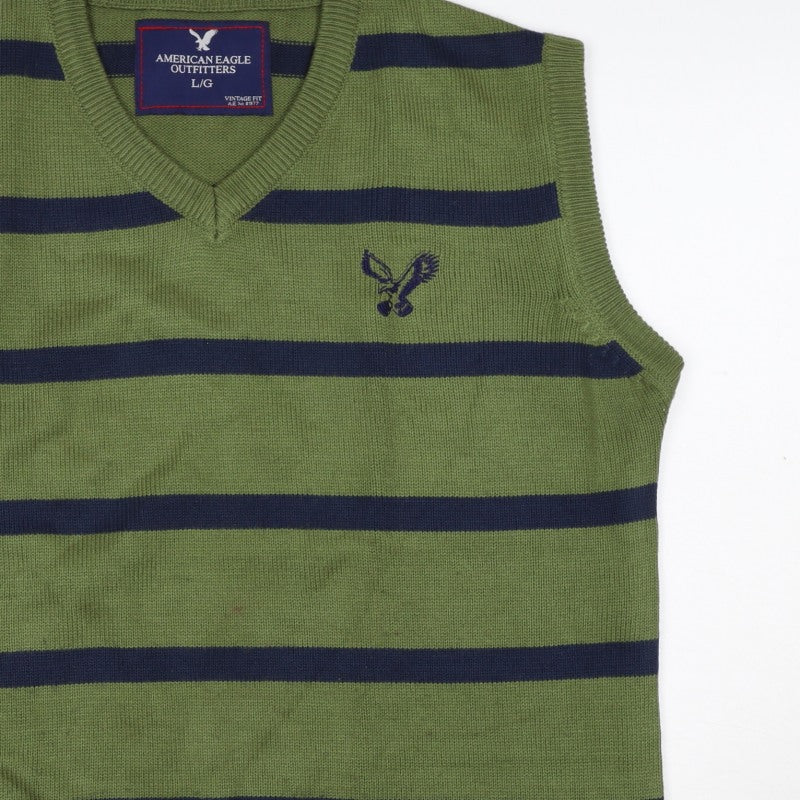 American Eagle Men’s Green Navy Striped V-Neck Knit Vest L