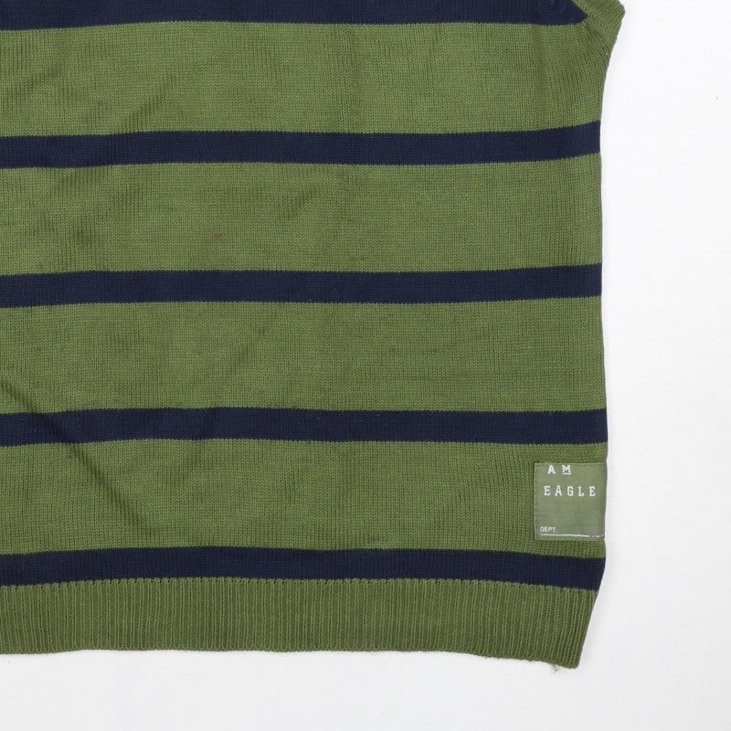 American Eagle Men’s Green Navy Striped V-Neck Knit Vest L