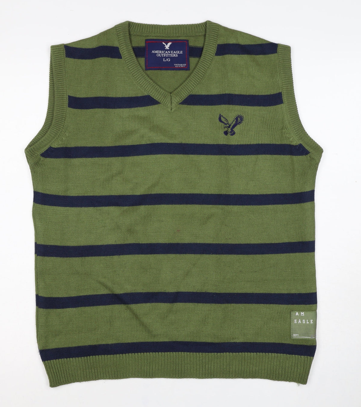 American Eagle Men’s Green Navy Striped V-Neck Knit Vest L