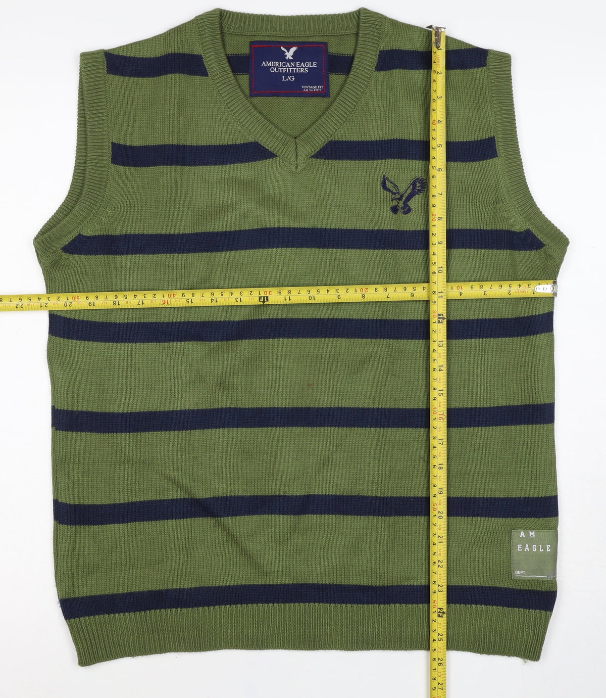 American Eagle Men’s Green Navy Striped V-Neck Knit Vest L