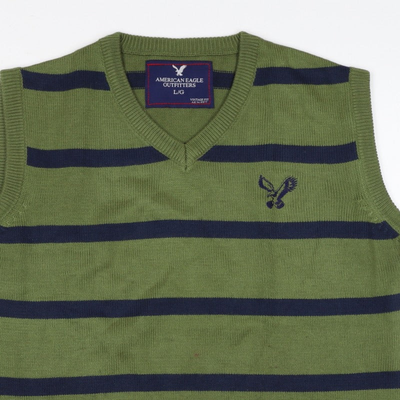 American Eagle Men’s Green Navy Striped V-Neck Knit Vest L