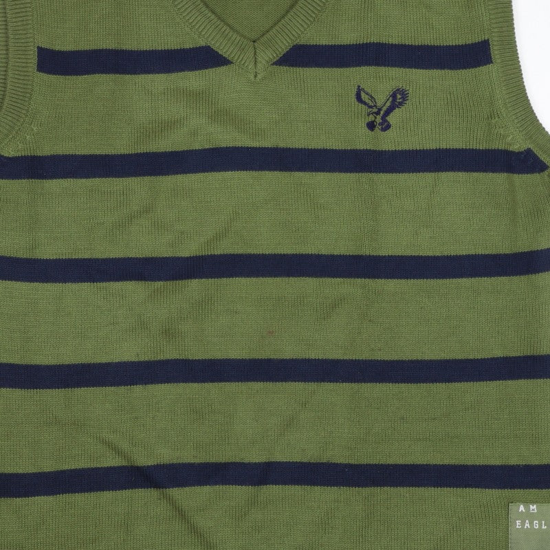 American Eagle Men’s Green Navy Striped V-Neck Knit Vest L