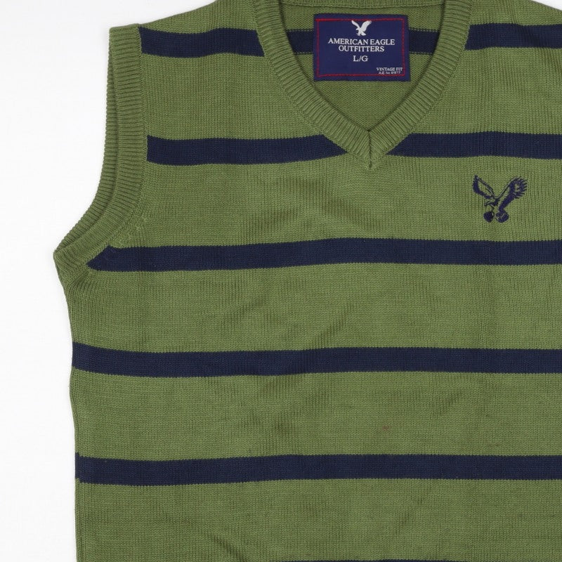 American Eagle Men’s Green Navy Striped V-Neck Knit Vest L