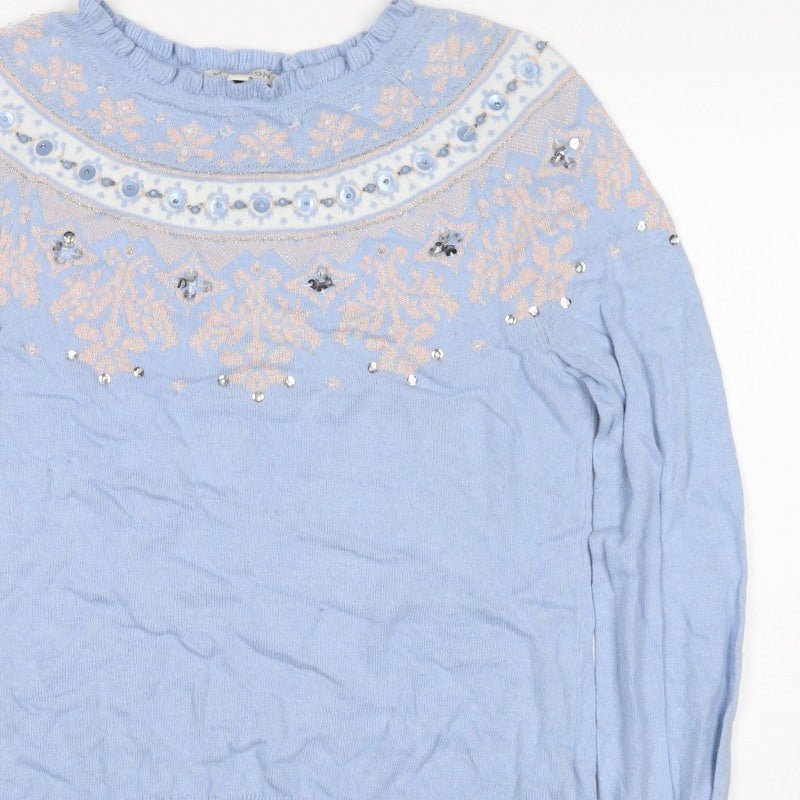 Monsoon Women Blue S Fair Isle Sequin Beaded Snowflake Knit Jumper
