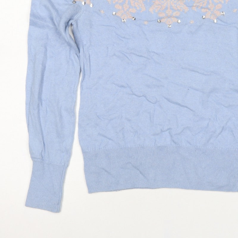 Monsoon Women Blue S Fair Isle Sequin Beaded Snowflake Knit Jumper