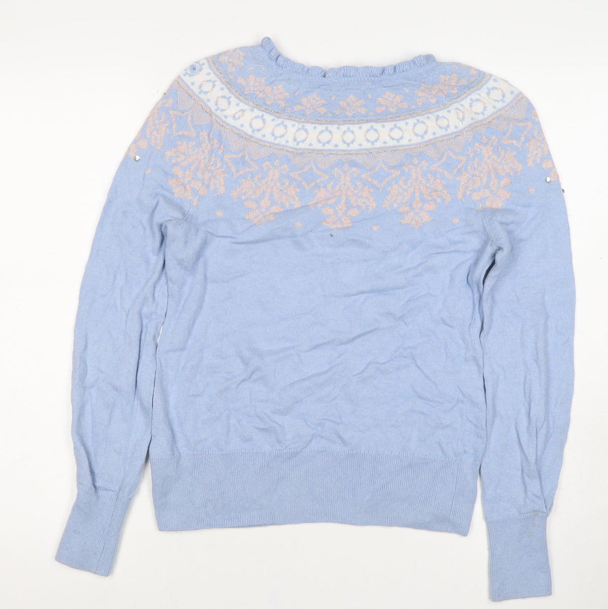 Monsoon Women Blue S Fair Isle Sequin Beaded Snowflake Knit Jumper