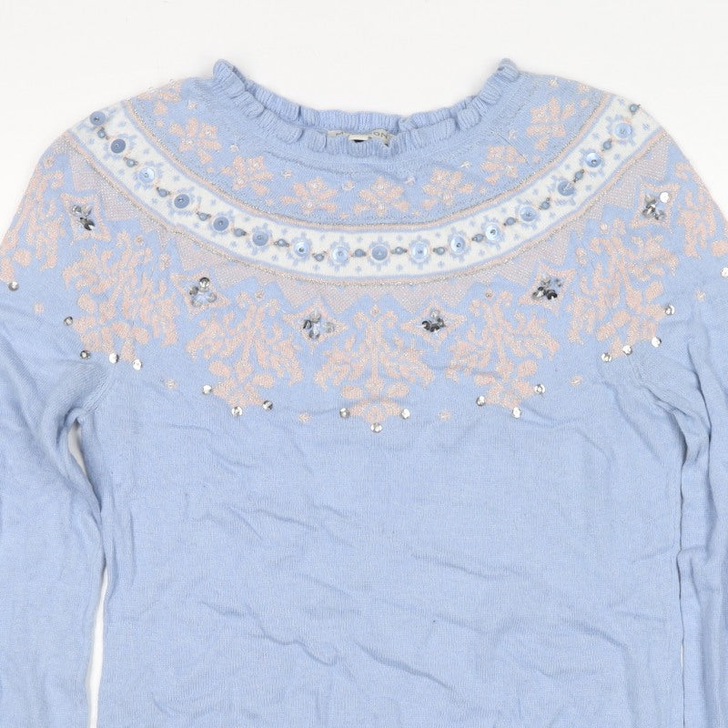 Monsoon Women Blue S Fair Isle Sequin Beaded Snowflake Knit Jumper
