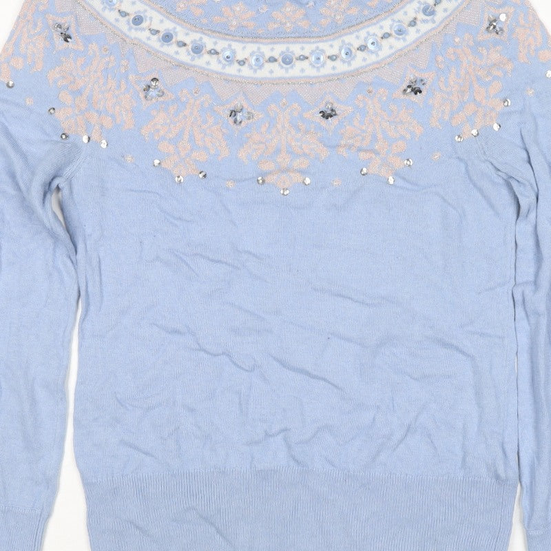 Monsoon Women Blue S Fair Isle Sequin Beaded Snowflake Knit Jumper