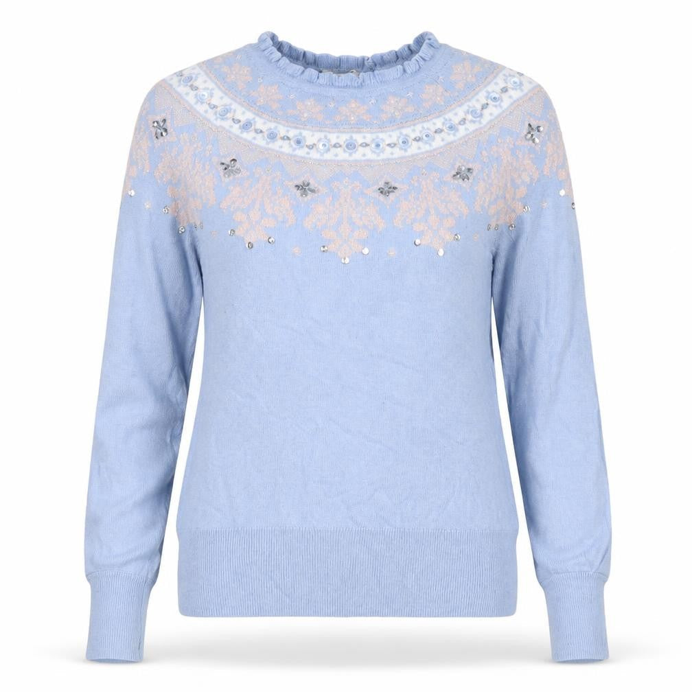 Monsoon Women Blue S Fair Isle Sequin Beaded Snowflake Knit Jumper