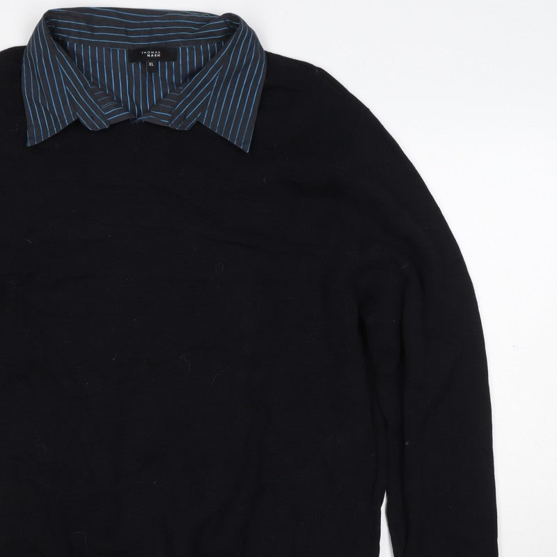 Thomas Nash Men Black Blue Stripe Collar XL Pullover Jumper