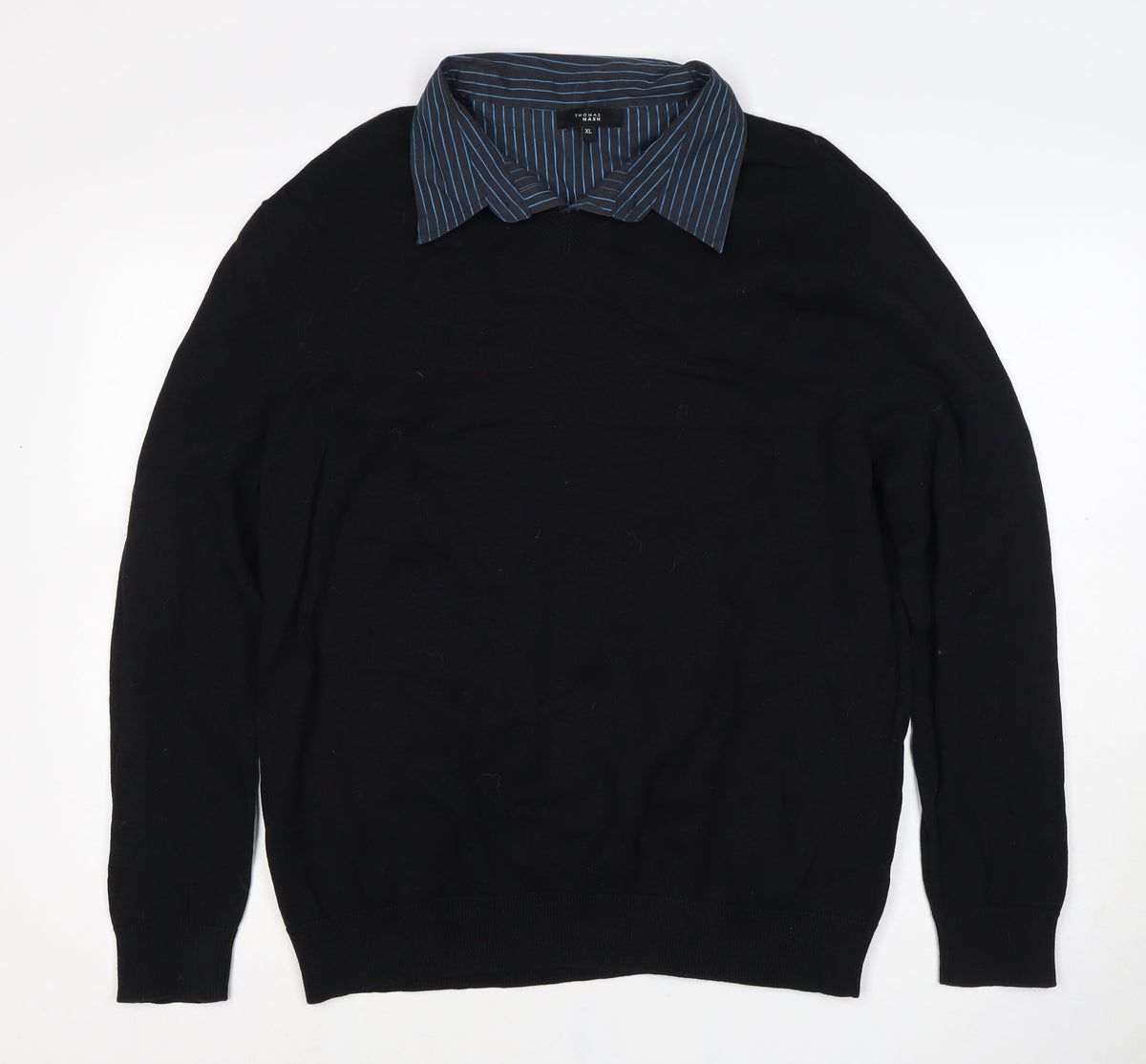 Thomas Nash Men Black Blue Stripe Collar XL Pullover Jumper