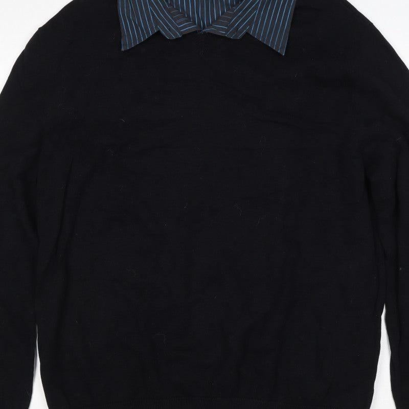 Thomas Nash Men Black Blue Stripe Collar XL Pullover Jumper