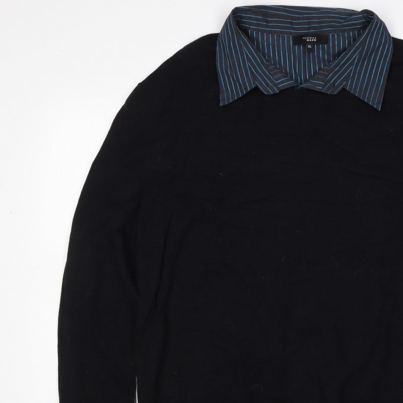 Thomas Nash Men Black Blue Stripe Collar XL Pullover Jumper