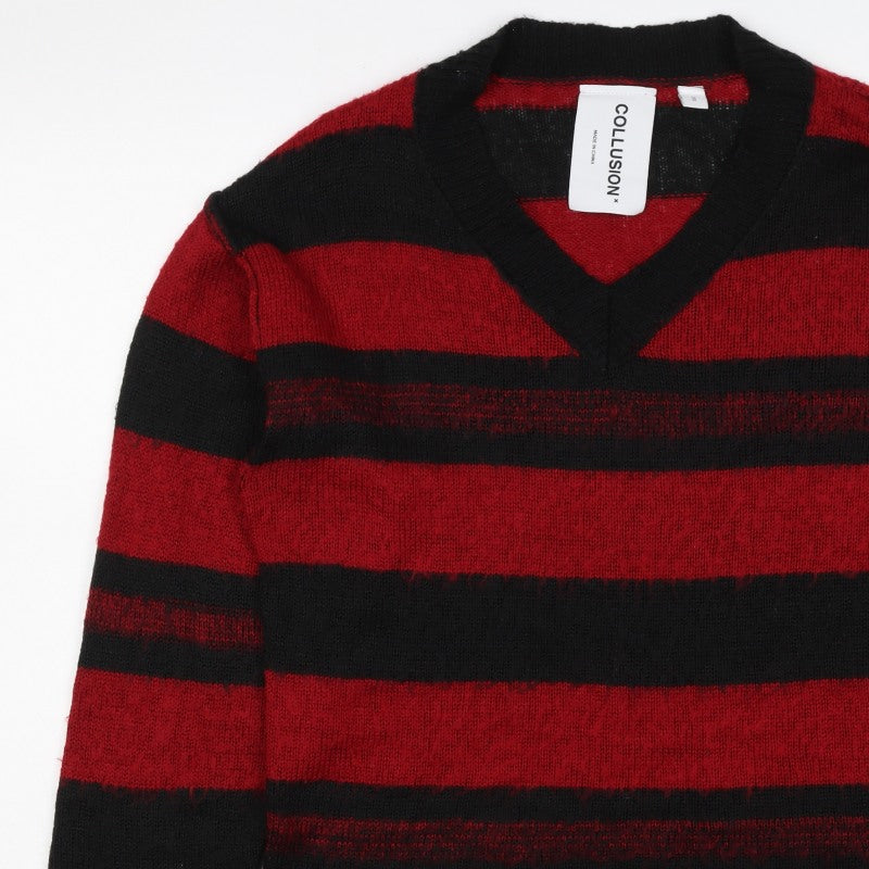 Collusion Men's Red Black Striped V-Neck Knit Pullover Jumper 2XS