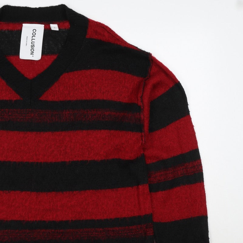 Collusion Men's Red Black Striped V-Neck Knit Pullover Jumper 2XS
