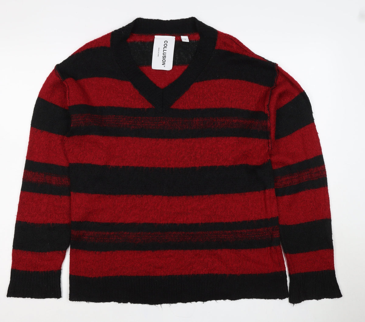 Collusion Men's Red Black Striped V-Neck Knit Pullover Jumper 2XS