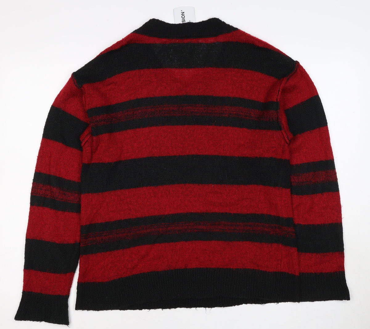 Collusion Men's Red Black Striped V-Neck Knit Pullover Jumper 2XS