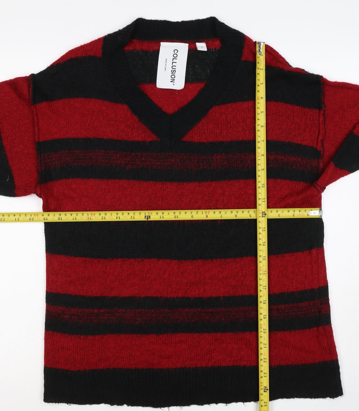 Collusion Men's Red Black Striped V-Neck Knit Pullover Jumper 2XS