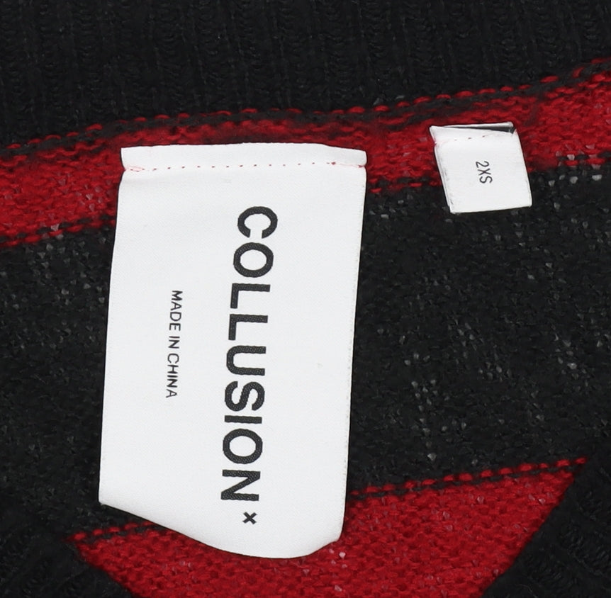 Collusion Men's Red Black Striped V-Neck Knit Pullover Jumper 2XS