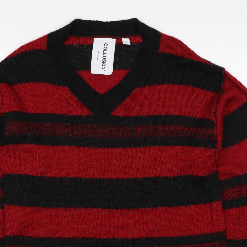Collusion Men's Red Black Striped V-Neck Knit Pullover Jumper 2XS