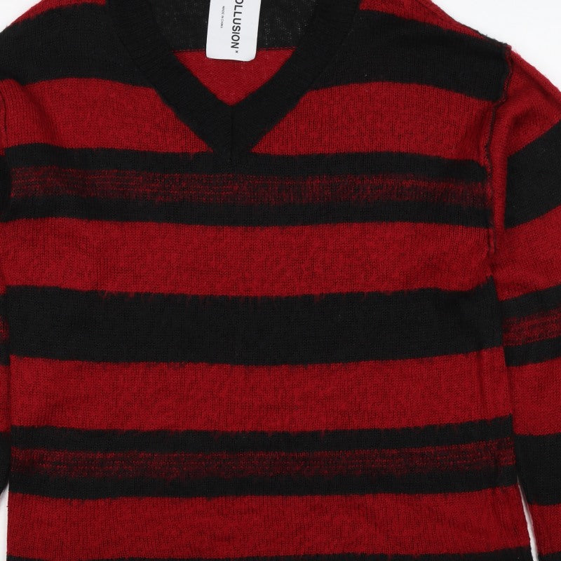 Collusion Men's Red Black Striped V-Neck Knit Pullover Jumper 2XS